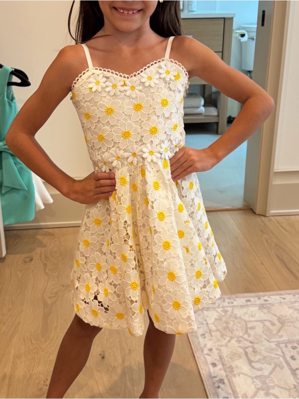 White Daisy Lace Sundress with Yellow Accents for Girls